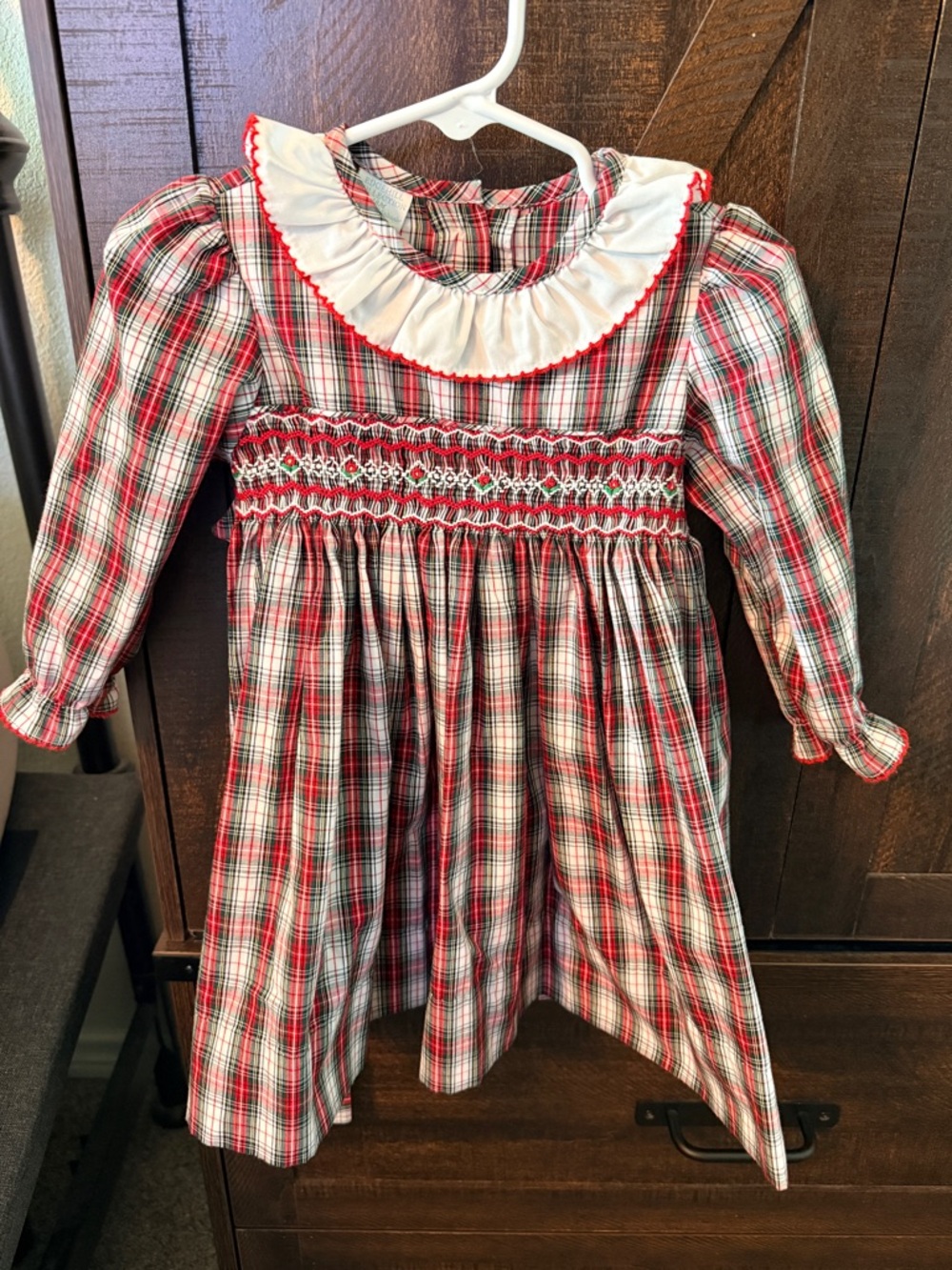 Red Plaid Smocked Long-Sleeve Dress with Ruffled Collar